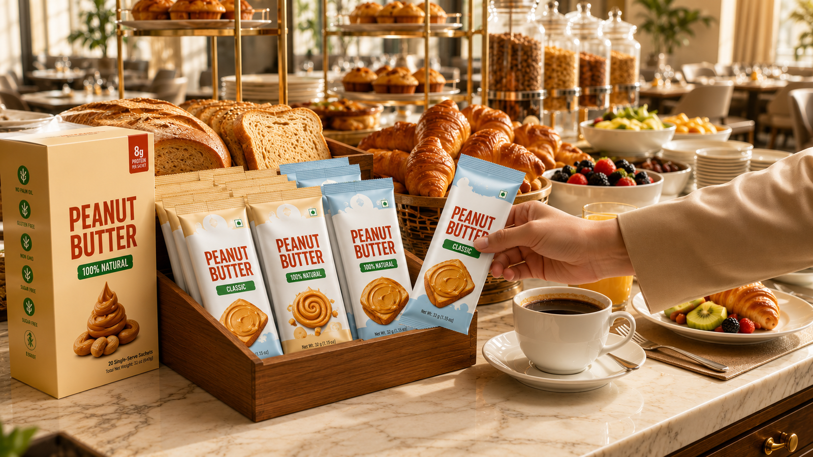 Single-Serve Peanut Butter Served During Hotel Breakfast