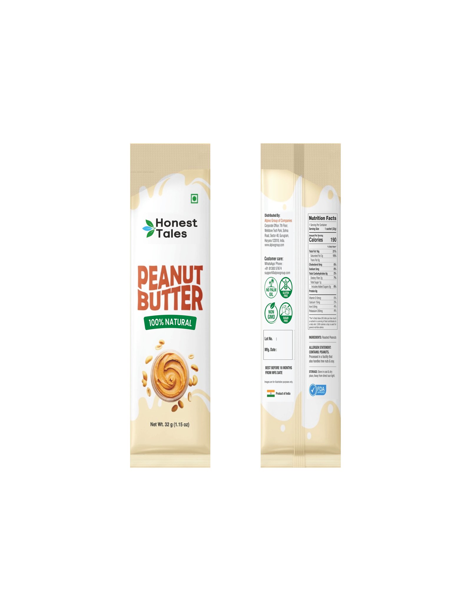 32g Single-Serve Natural Peanut Butter Sachet Packaging